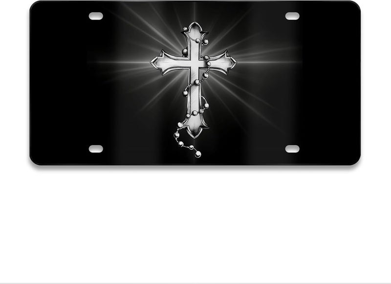 MCIAONE Front License Plate - Cross License Plate Black, Aluminum Christian Black Decorative License Plates Christian Cross Novelty Vanity Tag, Car Decor Accessory with 4 Holes, 6×12 inch Car License Decor - Image 1